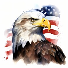 Naklejka premium Majestic bald eagle portrait against watercolor american flag