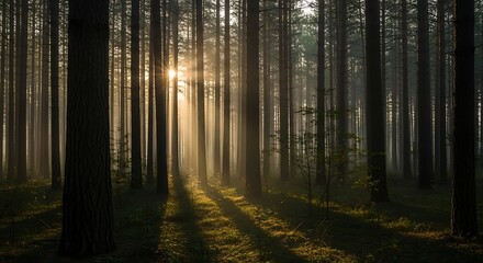 Fototapeta premium Golden hour sunbeams filter through tall trees in a dense forest path