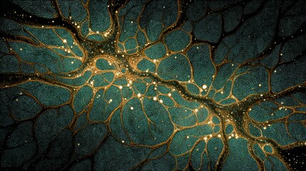 Abstract Teal and Gold Network:  Intricate Microscopic Structure,  Organic Design, Luxurious Texture.