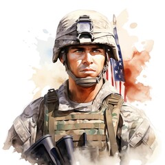 Portrait of a soldier in uniform with an american flag