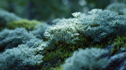 Serene Moss and Lichen Landscape:  Soft, Dreamy Teal Tones, Natural Texture, Tranquil Forest Mood.
