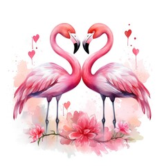 Naklejka premium Two flamingos forming a heart shape with their necks, surrounded by pink flowers and watercolor hearts
