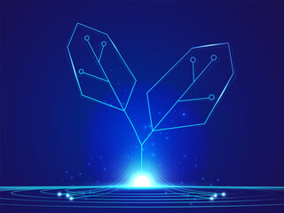 Artificial Intelligence with Digital Plant Growing circuit board lines and Blue Light Effect on dark blue background vector design concept. AI technology for advance technology, automation, website.