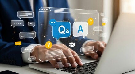 Q&A Hologram Over Laptop &mdash; Floating Chat Bubbles and Question Marks