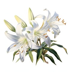 Obraz premium Elegant white lilies with green leaves against a white background