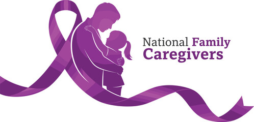 Family caregivers vector—purple ribbon with adult and child embrace for compassion, support, and caregiving-themed awareness campaigns