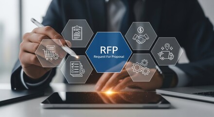 RFP Hologram Over Tablet — Businessperson Interacting with Proposal HUD