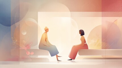Serene Conversation: Two Women in Modern Abstract Setting, Warm Color Palette, Peaceful Mood.