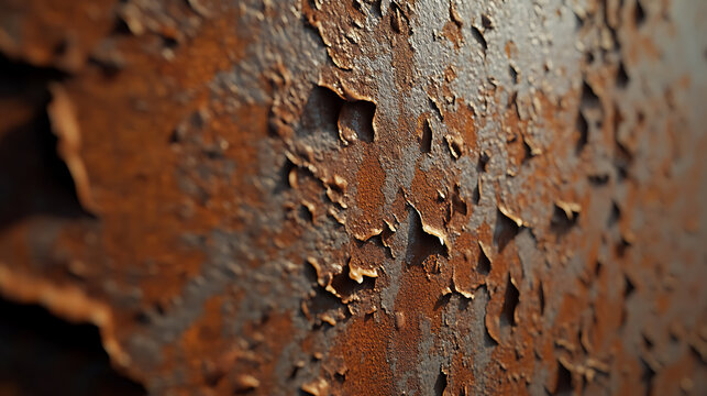 Captivating closeup reveals the weathered texture of peeling paint on a surface, showcasing the beauty of decay and aging with intricate patterns and rich, earthy tones.
