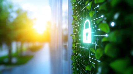 Digital padlock symbol on a green wall, representing security and technology in nature.