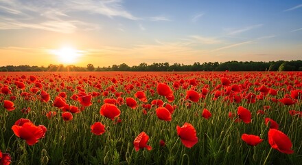 Vibrant red poppy field at golden hour sunset serene natural beauty landscape