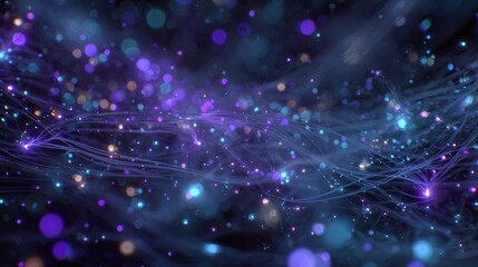 Abstract glowing fiber optic strands, vibrant blue and purple bokeh, dark moody background, digital art, technology concept.