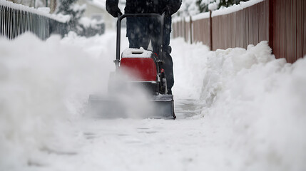 A person clears a snow-covered path with a snow blower, pushing through drifts. The machine's blades churn, creating a cloud of snow, ensuring safe passage during winter.