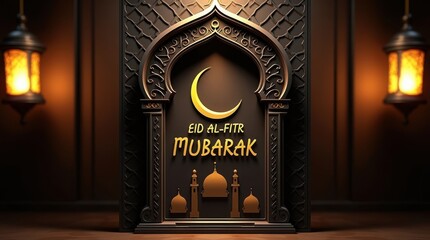 Elegant eid al fitr mubarak greeting with crescent moon and mosque illustration