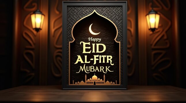 Elegant eid al fitr mubarak greeting with crescent moon and mosque illustration - Powered by Adobe