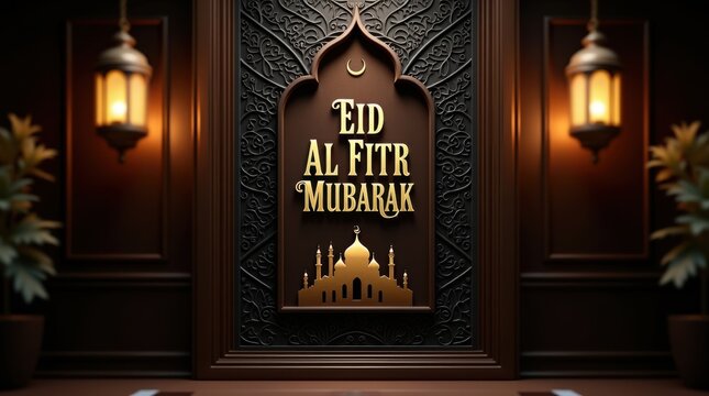 Elegant eid al fitr mubarak greeting with crescent moon and mosque illustration - Powered by Adobe