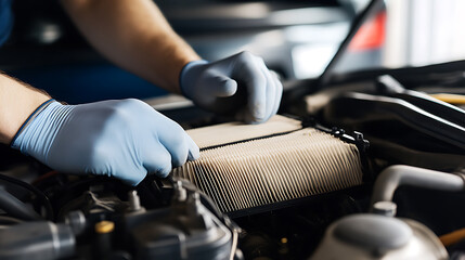 Mechanic wearing blue gloves inspecting the air filter in a vehicle's engine bay. Routine car maintenance ensures smooth operation and longevity of components.