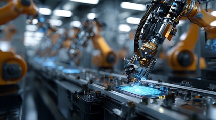 Obraz premium Robotic Arms Precision Assembling Electronics on Conveyor Belt in Modern Factory