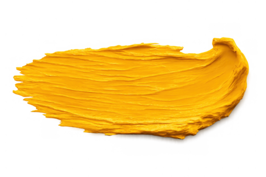 Yellow acrylic paint stroke creating thick brush art texture and abstract smudge pattern on transparent background