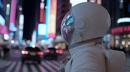 Lost in the City of Lights: An astronaut stands amidst a bustling metropolis, the bright lights reflecting in the helmet, creating a surreal contrast. Space meets urban jungle!