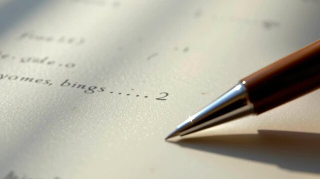 Pen tip aged paper with printed text and soft shadow, pen tip paper with handwritten notes and dotted list, ballpoint pen tip paper closeup