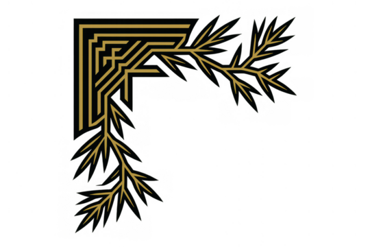 Art deco corner ornament with geometric pattern and stylized gold leaves, transparent background