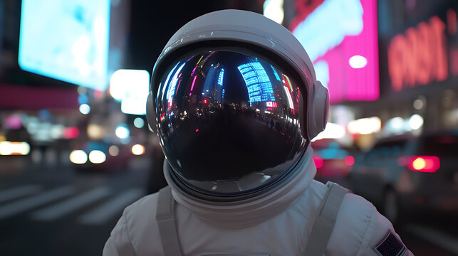 Cosmic visitor exploring an urban landscape, the city lights reflect off the visor, creating a surreal juxtaposition of space and city life. A dreamy urban adventure.