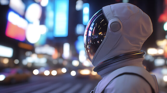 An astronaut stands amidst the vibrant cityscape at night, the visor of their helmet reflecting the colorful urban lights, a striking contrast between space and earth.