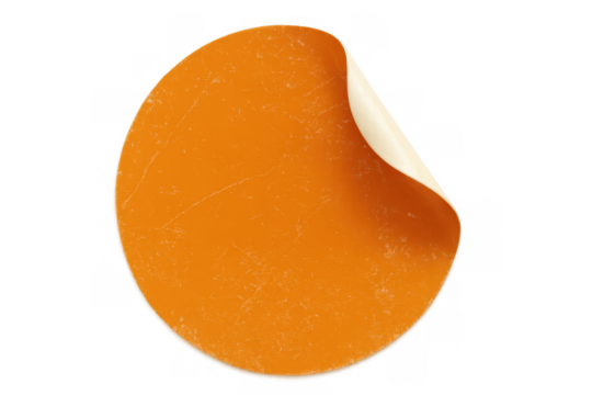 Orange round distressed peeling sticker with grunge texture and blank copy space, transparent background