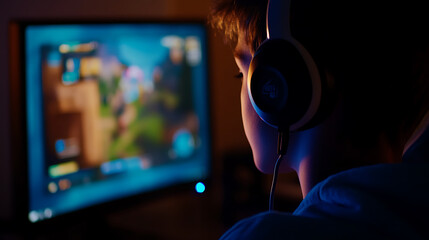 Immersed in digital battlegrounds: A young gamer focused on the screen, headphones on, lost in the game's intensity. The vibrant world is his arena, the glow reflecting on the face
