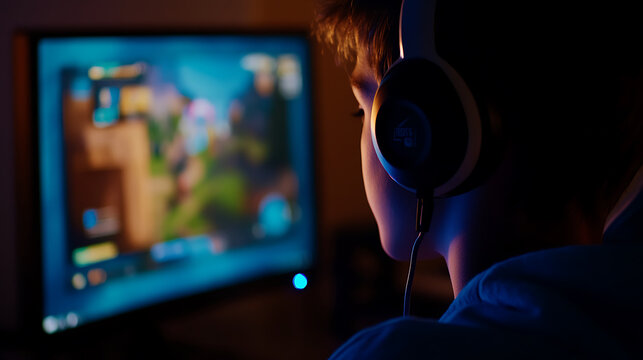 Immersed in digital battlegrounds: A young gamer focused on the screen, headphones on, lost in the game's intensity. The vibrant world is his arena, the glow reflecting on the face
