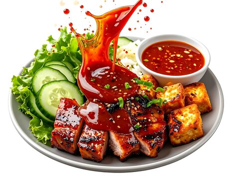 Gourmet plate of grilled meat, tofu, vegetables, rice, and sauce