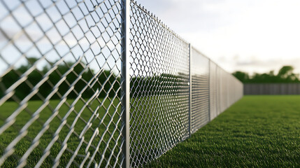 A metal chain-link fence stands tall, partitioning lush green grass under a bright sky. The fence stretches into the distance, blurred trees form the background, providing an outdoor boundary.