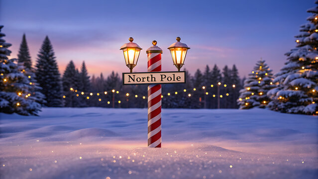 Magical north pole signpost with glowing lanterns and festive christmas lights in a snowy winter forest landscape - Powered by Adobe