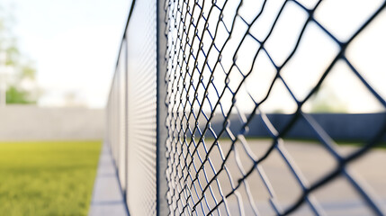 A close-up of a fence with a blurred background of grass and sky, creating a sense of depth and focus on the foreground texture and pattern of the chain links. Security concept.