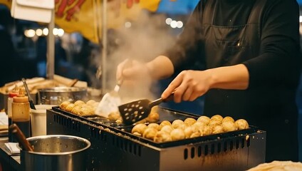 Takoyaki Chef Cooking Delicious Japanese Street Food at Night Market Stall