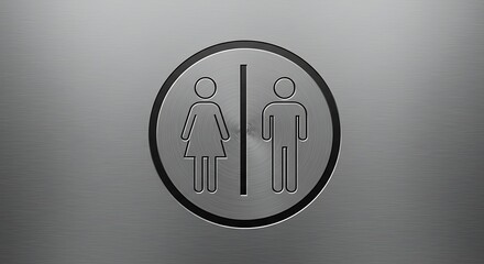 Gender-neutral restroom icon showing male and female figures within a circular frame on a metallic surface
