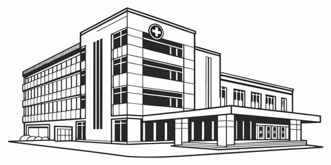 Illustration of a multi story hospital building with a cross symbol on the facade and many windows