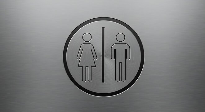 Gender-neutral restroom icon showing male and female figures within a circular frame on a metallic surface