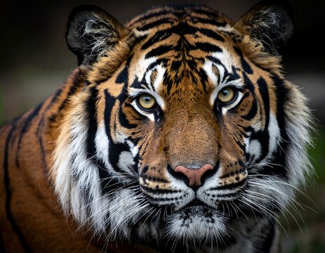 A close-up portrait of a majestic tiger with striking amber eyes, showcasing its intricate pattern of black stripes on an orange fur coat