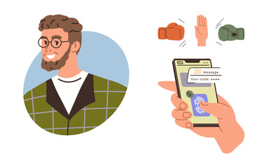 Man with beard and glasses, two boxing gloves and stop hand icons, smartphone showing secure message, code, and fingerprint scanner. Ideal for technology, security, privacy, identity verification