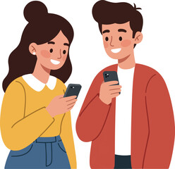 Young Couple Use Mobile Phones Together Yellow and Red Outfits White Background