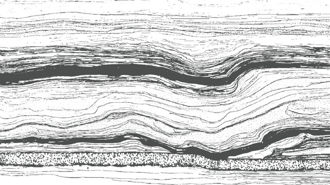 Black and white cross section of layered rock strata with varied textures and wavy lines geology layers
