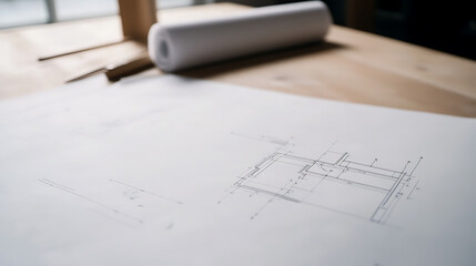Architectural blueprint on desk. A detailed schematic for a new construction project, representing the fusion of art and engineering. Crafting spaces, one line at a time.