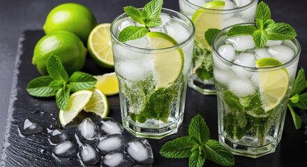 Refreshing Mojitos Lime with mint, and ice on slate, and perfect summer cocktail.
