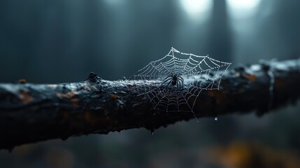 A spider sits within a dew-covered web on a damp, weathered branch in a misty forest, creating an eerie ambiance
