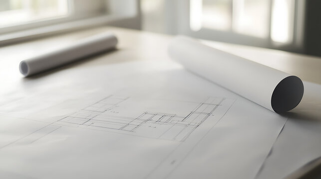 Architectural blueprint unfolded, revealing intricate details alongside rolled plans, suggesting a creative space dedicated to innovative residential construction.