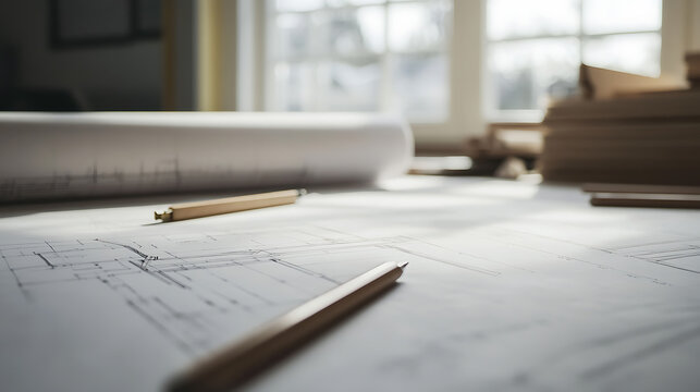 Focused on blueprint details with precision. Pencils poised, ideas taking shape. Sunlight highlighting design intricacies. Architectural concept on the blueprint.