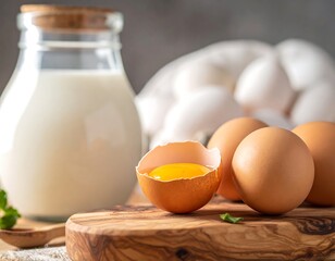 Freshly cracked egg with yolk next to whole eggs and milk bottle
