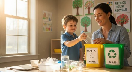 Young boy learning about recycling with his mother, sorting plastic bottles into recycling bins in a bright classroom, promoting environmental awareness